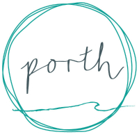 Porth logo. A turquoise hand-drawn circle with a turquoise wave cutting through the bottom and the word Porth handwritten in grey in the centre
