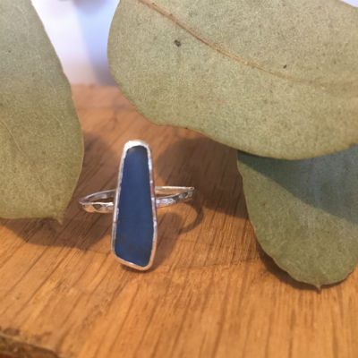 Blue seaglass ring in a long thin triangle shape