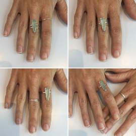 4 images showing different ways of wearing a seaglass ring and stacking rings.