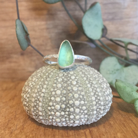 Small, dainty light green seaglass ring, sat on an urchin