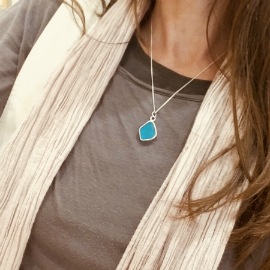 Electric blue seaglass necklace worn on its new owner!