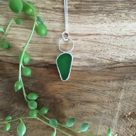 Green Seaglass necklace from Bournemouth made by Bess in Seaglass Sessions.