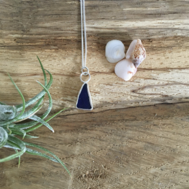 Deep blue Seaglass Necklace in a triangular shape, found in St Austell bay.