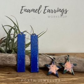 A blue pair of tall rectangular enamel earrings are stood up to the left of a smaller star pair in pink and blues. They are resting on a piece of driftwood with an airplant and white wall behind.